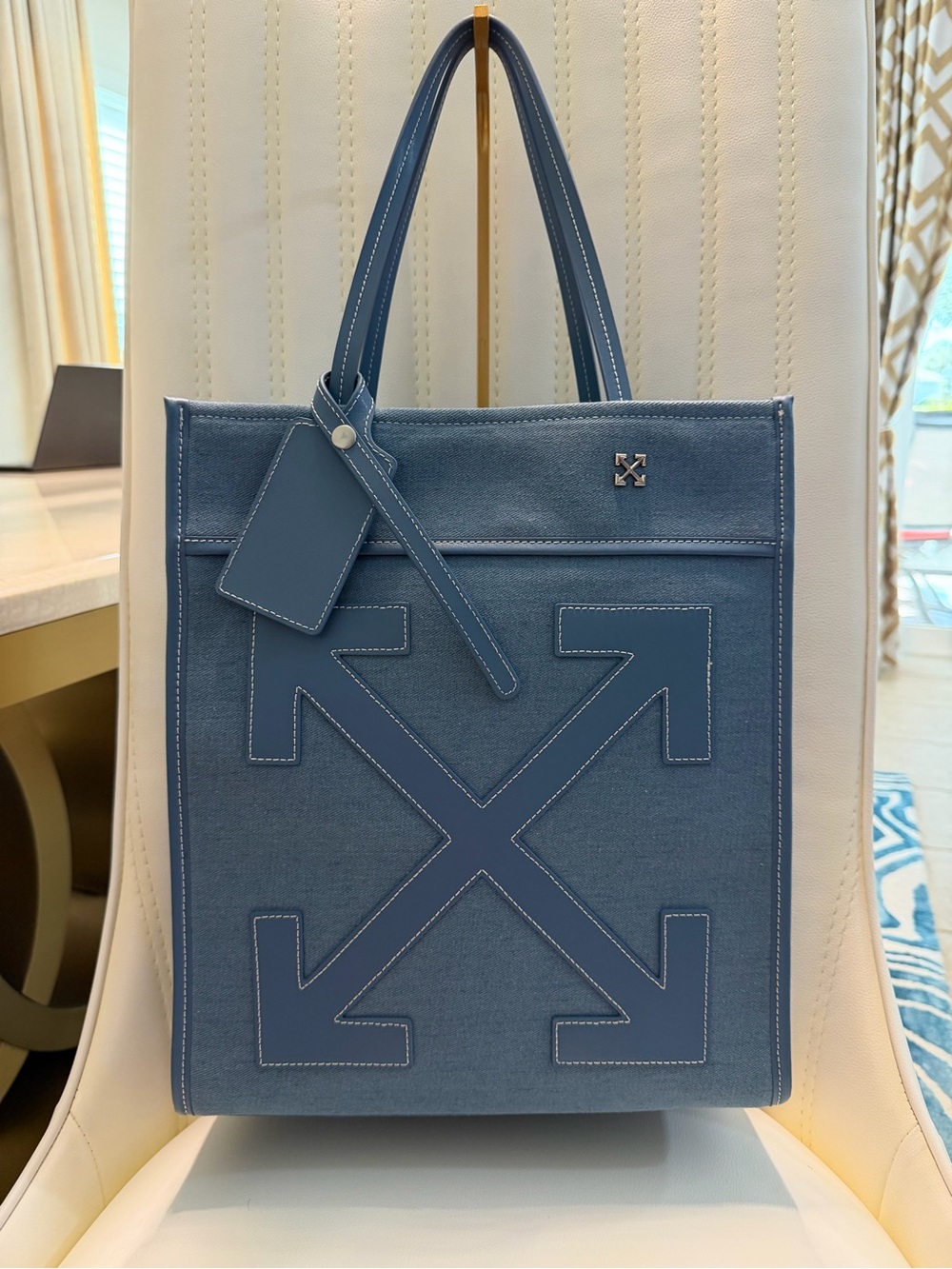 Off-White Blue Arrow Logo Messenger Tote